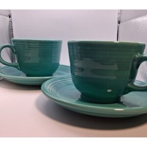 Vintage Fiesta Turquois Green Cup and Saucer Set x 2  1989 HLC USA READ